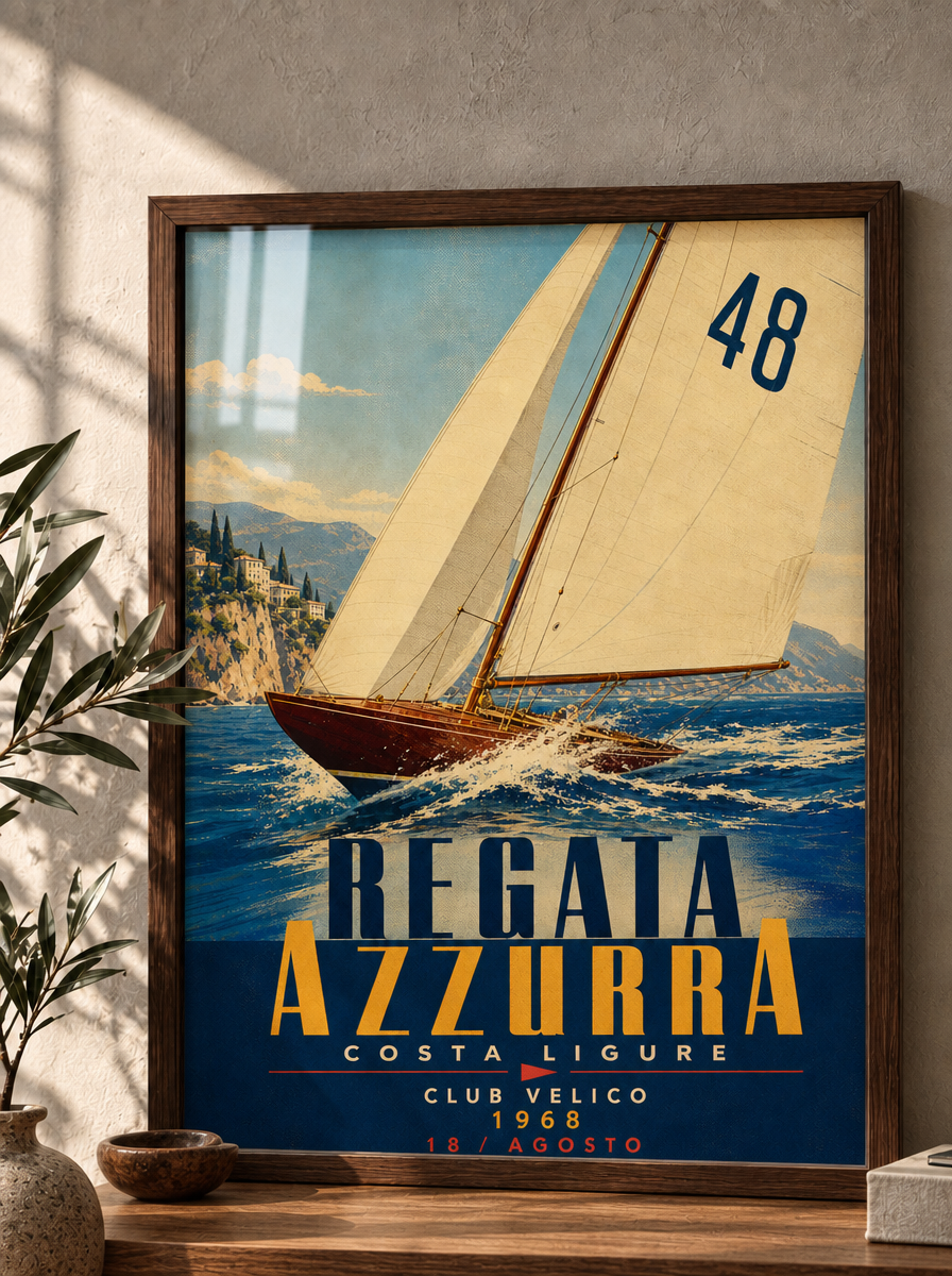 Mavi Rota Vintage Yelkenli Duvar Tablosu