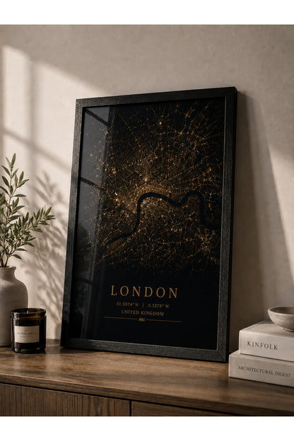 London A3+ Çerçeveli Duvar Tablosu | Londra Şehir Haritası | Siyah Gold Modern Duvar Dekoru – Siyah – ürün görseli 2
