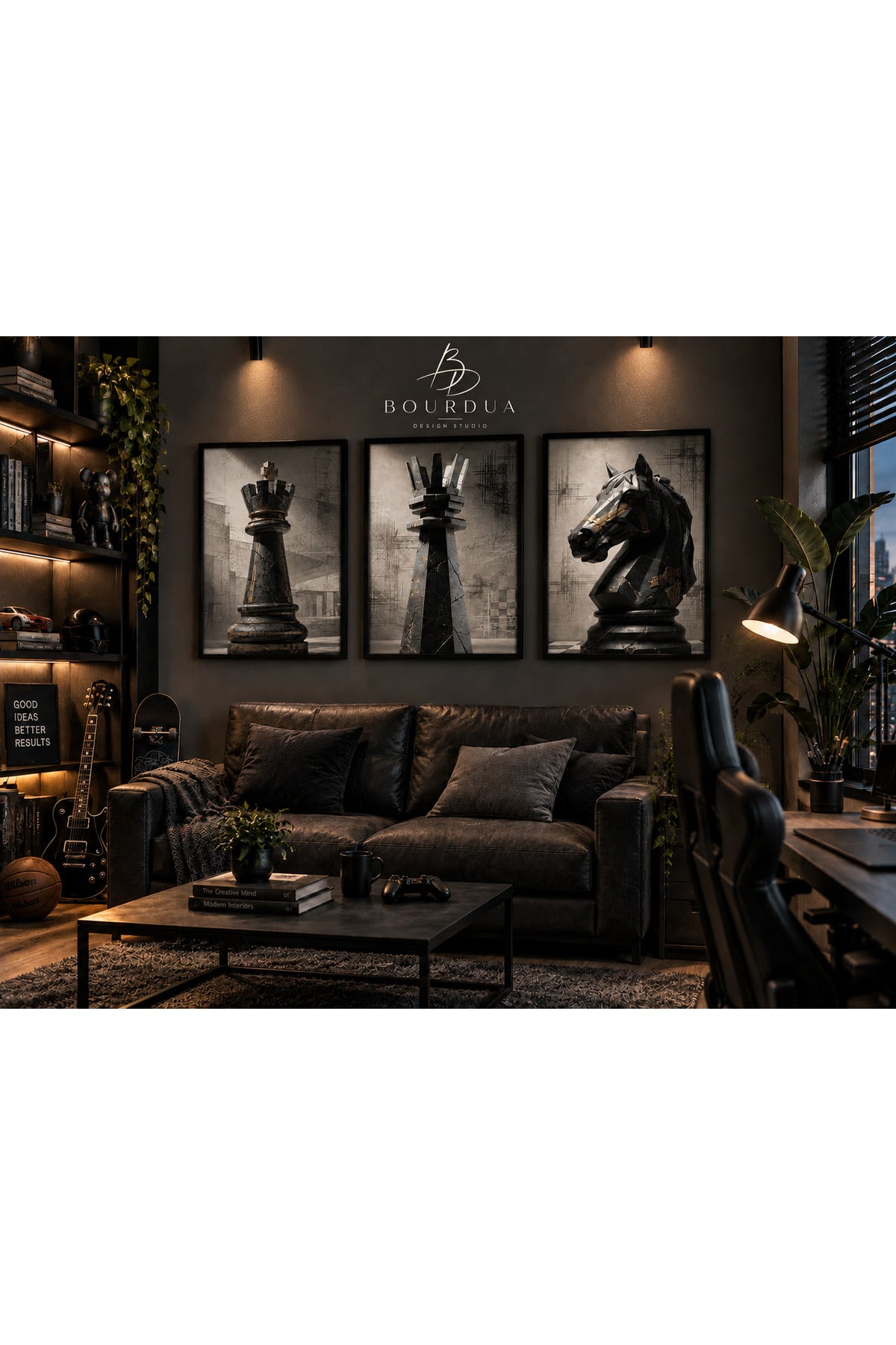 Satranç Şah Kale At 3’lü Çerçeveli Duvar Tablosu Seti | Siyah Gold Modern Satranç Tablosu | Ofis Genç Odası Dekoru