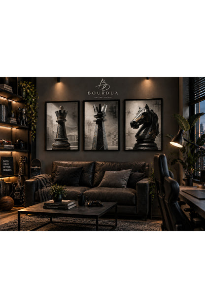 Satranç Şah Kale At 3’lü Çerçeveli Duvar Tablosu Seti | Siyah Gold Modern Satranç Tablosu | Ofis Genç Odası Dekoru