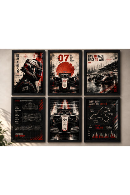 Formula Yarış Temalı 6’lı A3+ Duvar Tablosu Seti | Doğal Ahşap Çerçeveli Motorsport Yarış Arabası Duvar Dekoru – Antik Ceviz – ürün görseli 1