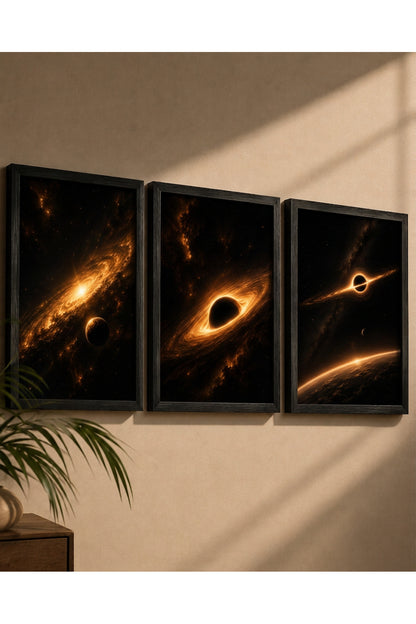 Black Hole 3’lü A3+ Çerçeveli Duvar Tablo Seti | Kara Delik Uzay Galaksi Tablosu | Siyah Gold Modern Duvar Dekoru – Natural – ürün görseli 3