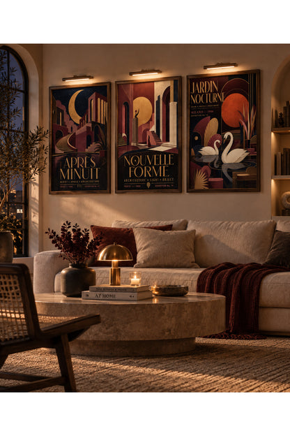 Art Deco 3’lü Çerçeveli Duvar Tablosu Seti | Retro Geometrik Poster Sanatı | Salon ve Ofis Dekoru