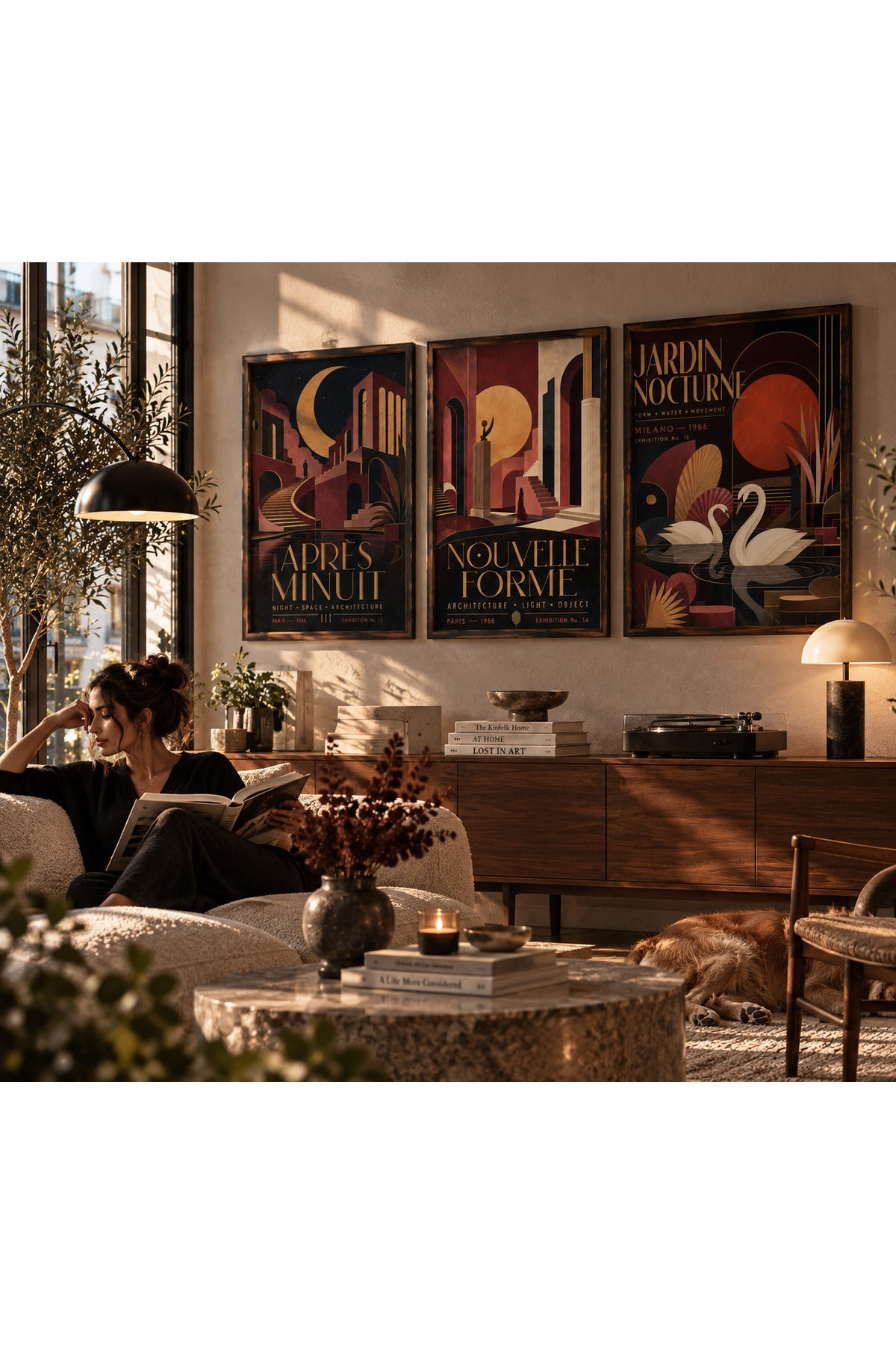 Art Deco 3’lü Çerçeveli Duvar Tablosu Seti | Retro Geometrik Poster Sanatı | Salon ve Ofis Dekoru