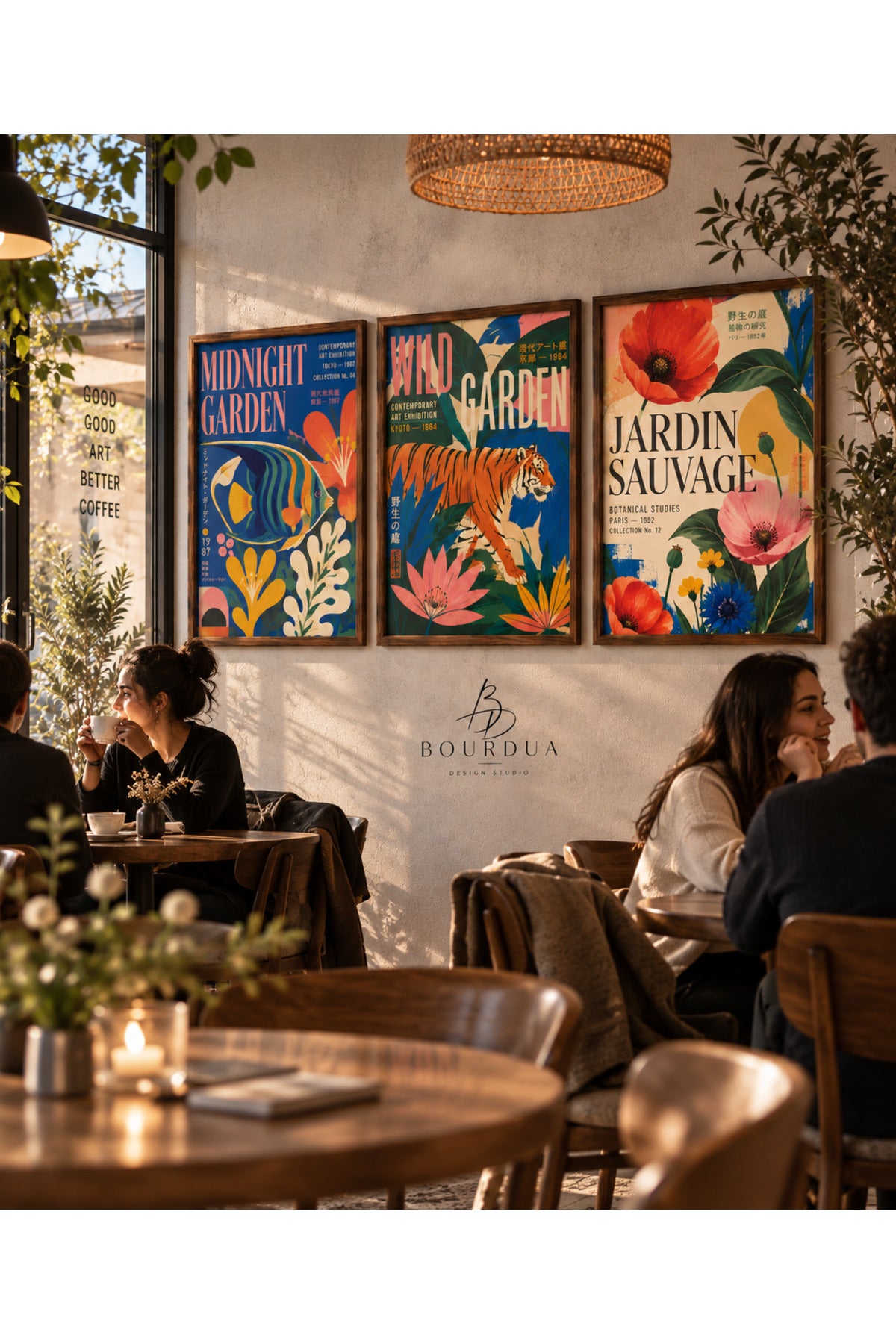 Wild Garden 3’lü Çerçeveli Duvar Tablosu Seti | Kaplan Balık ve Botanik Çiçek Posterleri | Renkli Retro Salon Dekoru