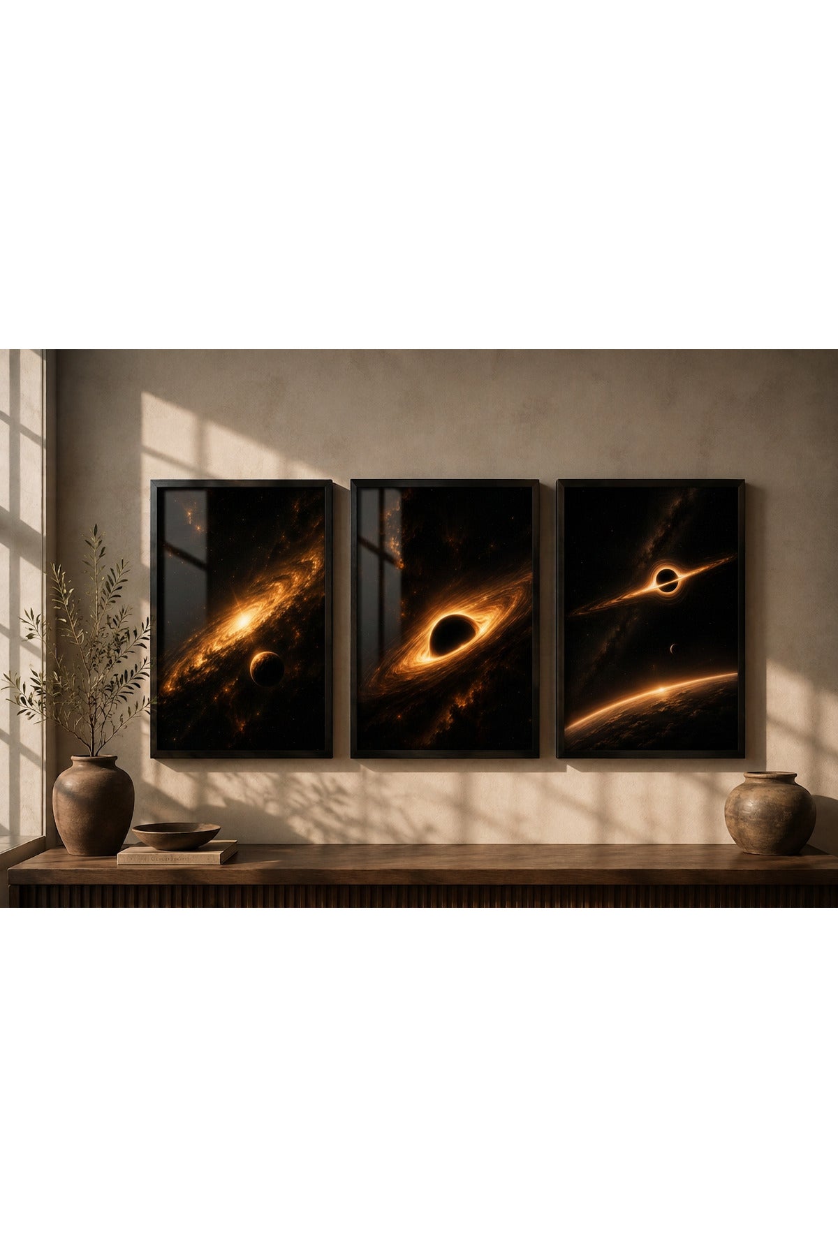Black Hole 3’lü A3+ Çerçeveli Duvar Tablo Seti | Kara Delik Uzay Galaksi Tablosu | Siyah Gold Modern Duvar Dekoru – Siyah – ürün görseli 2