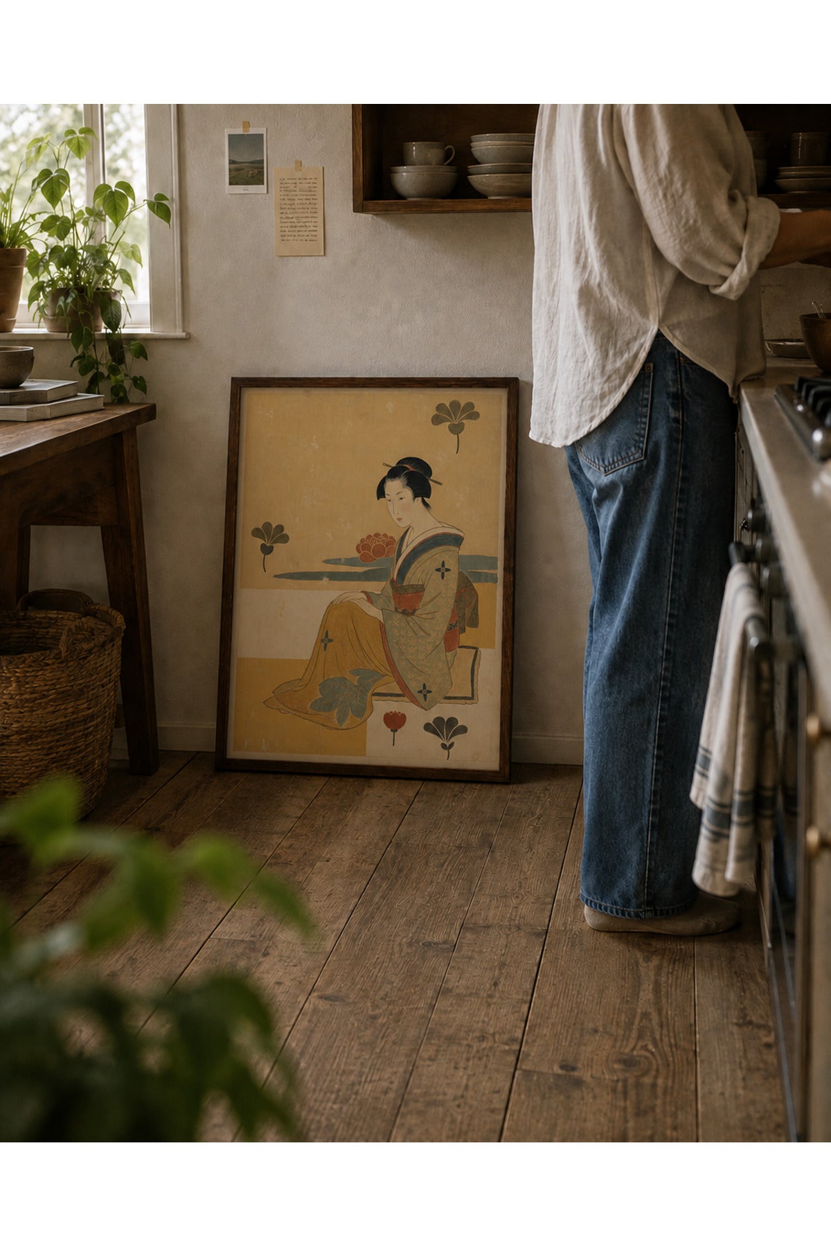 Japon Geisha Duvar Tablosu | Vintage Japon Sanatı | Masif Ahşap Çerçeveli Dekoratif Tablo