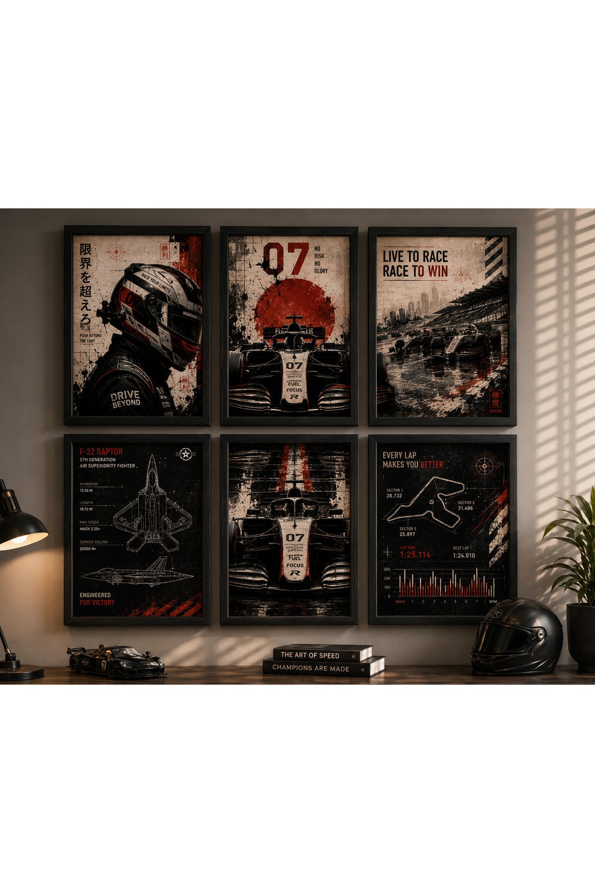Formula Yarış Temalı 6’lı A3+ Duvar Tablosu Seti | Doğal Ahşap Çerçeveli Motorsport Yarış Arabası Duvar Dekoru – Siyah – ürün görseli 2