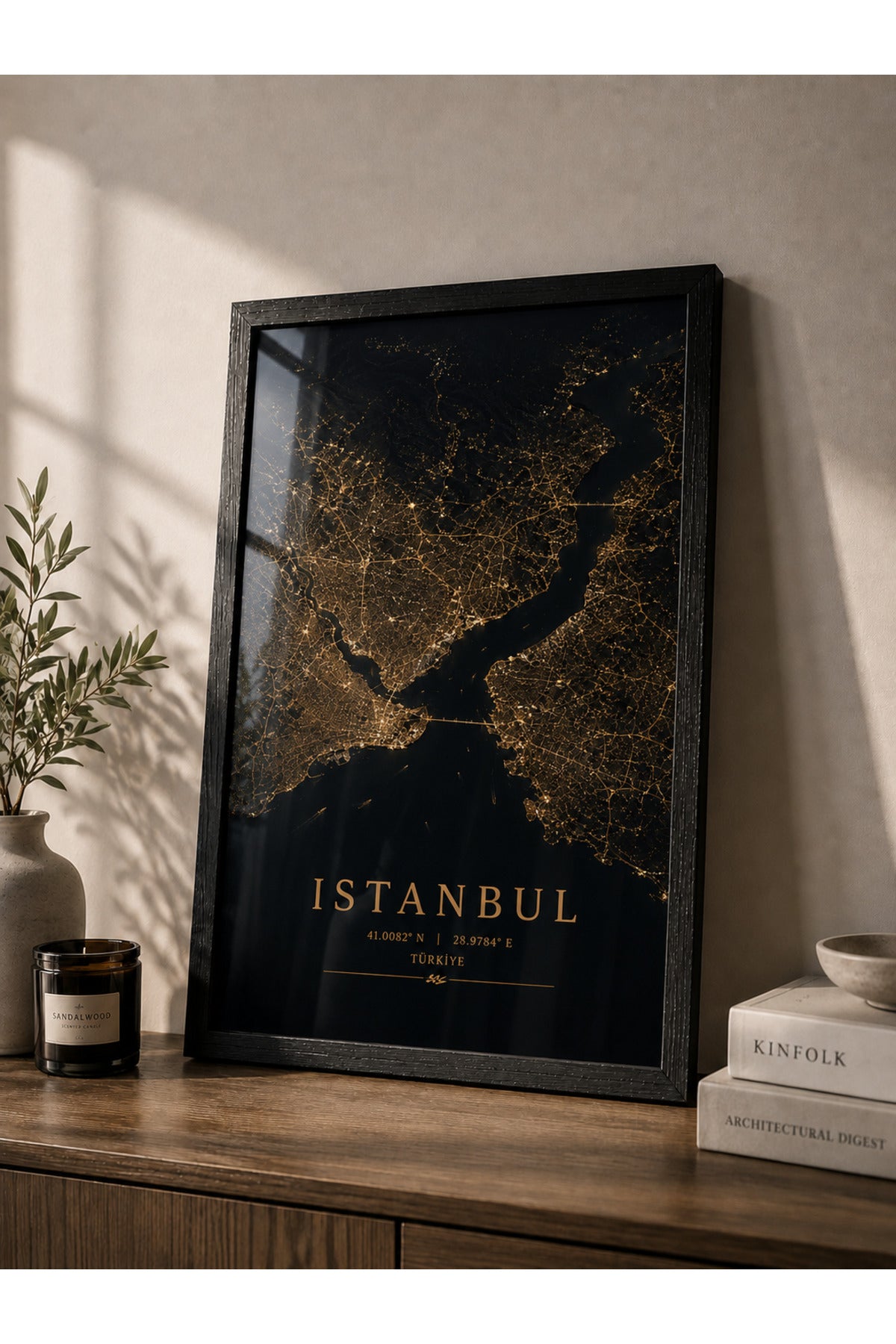 İstanbul Golden Map A3+ Çerçeveli Duvar Tablosu | Boğaz Şehir Haritası | Siyah Doğal Ahşap Çerçeve – Siyah – ürün görseli 2