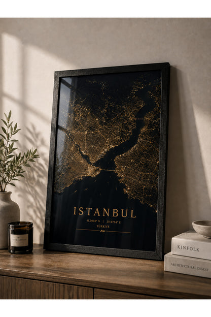 İstanbul Golden Map A3+ Çerçeveli Duvar Tablosu | Boğaz Şehir Haritası | Siyah Doğal Ahşap Çerçeve – Siyah – ürün görseli 2