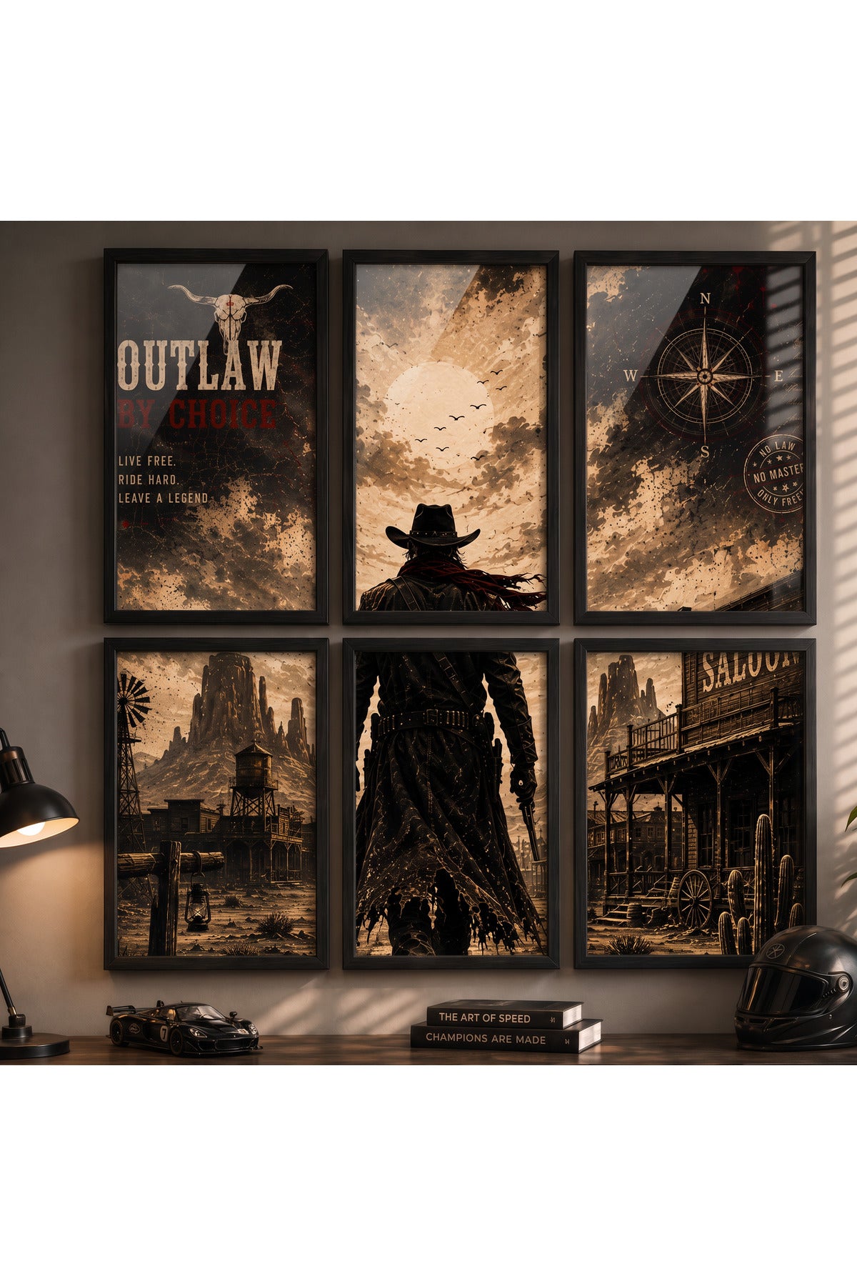 Western Kovboy 6’lı A3+ Duvar Tablosu Seti | Doğal Ahşap Çerçeveli Vintage Wild West Duvar Dekoru – ürün görseli 4