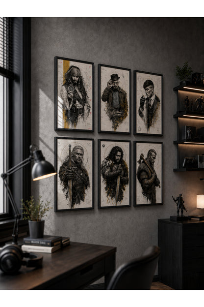 Iconic Legends 6'lı A3+ Çerçeveli Tablo Seti | Sinematik Karakter Duvar Dekoru – Antik Ceviz – ürün görseli 1