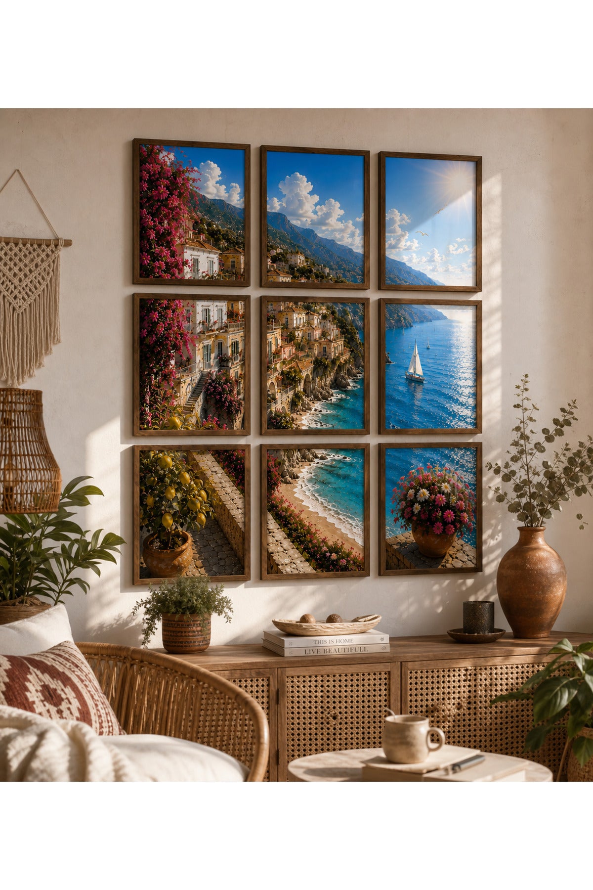 Amalfi Sahili 9 Parçalı A3+ Duvar Tablo Seti | Akdeniz Manzara Tablosu – Siyah – ürün görseli 2