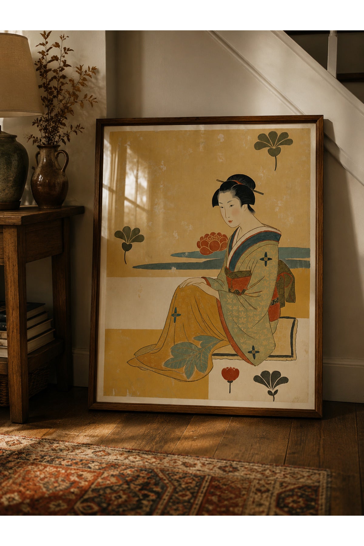 Japon Geisha Duvar Tablosu | Vintage Japon Sanatı | Masif Ahşap Çerçeveli Dekoratif Tablo