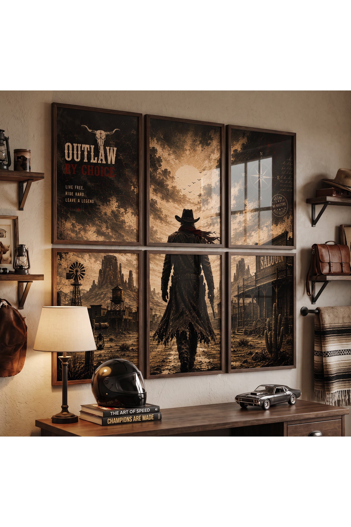 Western Kovboy 6’lı A3+ Duvar Tablosu Seti | Doğal Ahşap Çerçeveli Vintage Wild West Duvar Dekoru – Siyah – ürün görseli 2