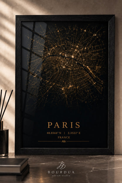 Paris A3+ Çerçeveli Duvar Tablosu | Paris Şehir Haritası | Siyah Gold Modern Duvar Dekoru – Antik Ceviz – ürün görseli 1