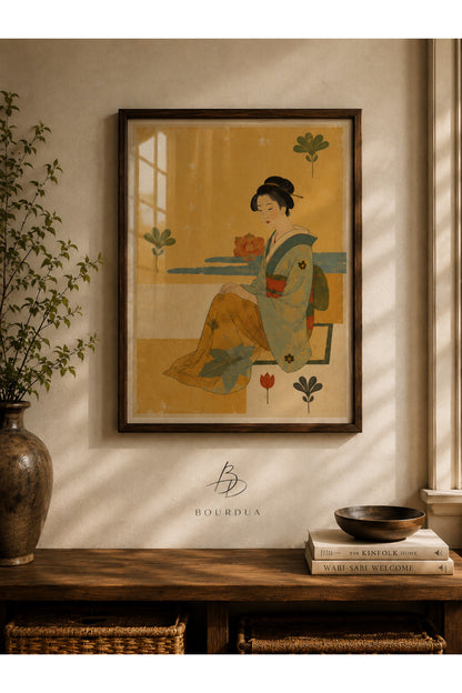 Japon Geisha Duvar Tablosu | Vintage Japon Sanatı | Masif Ahşap Çerçeveli Dekoratif Tablo