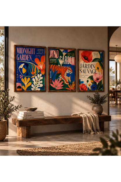 Wild Garden 3’lü Çerçeveli Duvar Tablosu Seti | Kaplan Balık ve Botanik Çiçek Posterleri | Renkli Retro Salon Dekoru