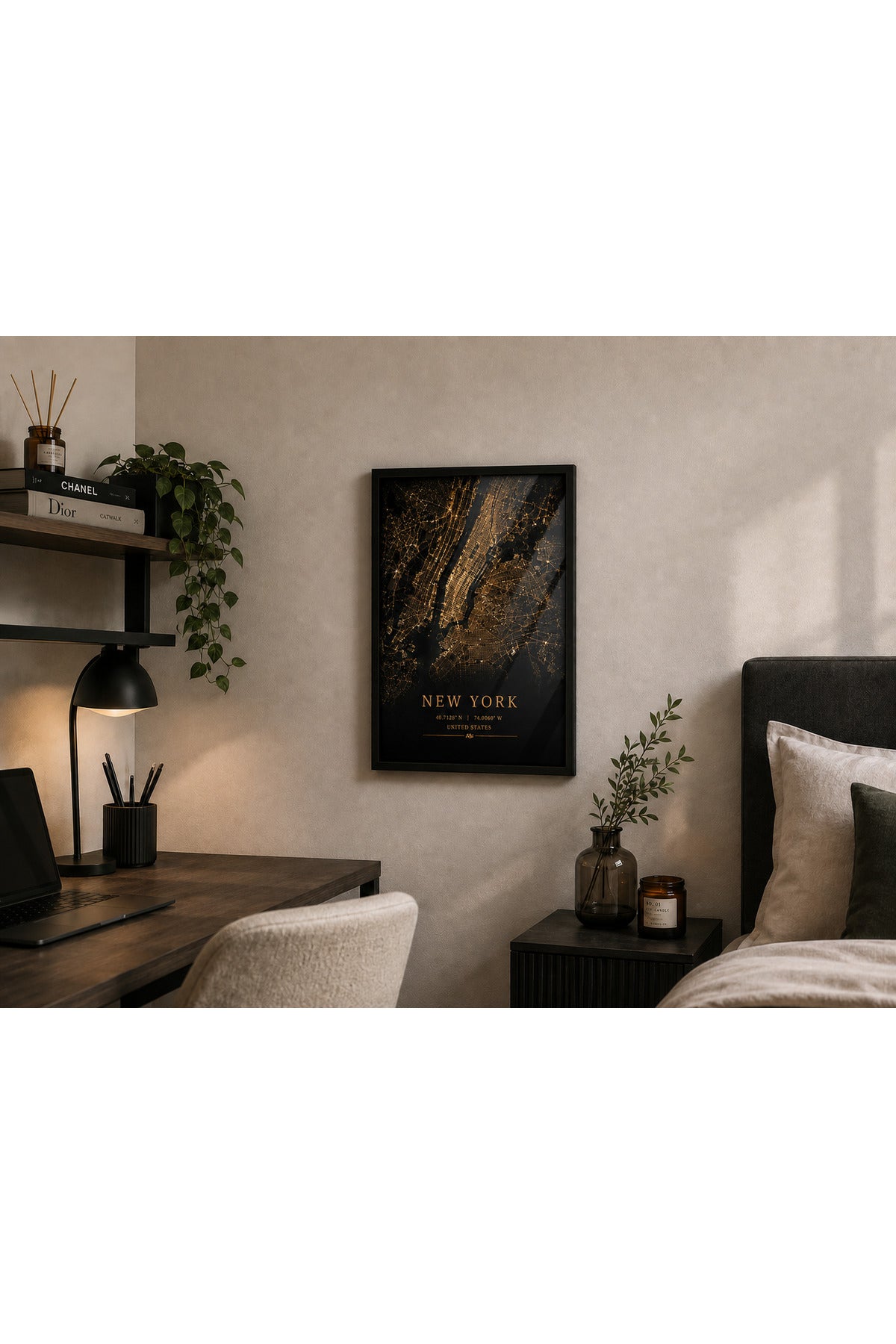 New York A3+ Çerçeveli Duvar Tablosu | New York Şehir Haritası | Siyah Gold Modern Duvar Dekoru – Natural – ürün görseli 3