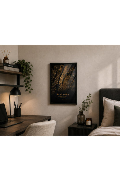 New York A3+ Çerçeveli Duvar Tablosu | New York Şehir Haritası | Siyah Gold Modern Duvar Dekoru – Natural – ürün görseli 3