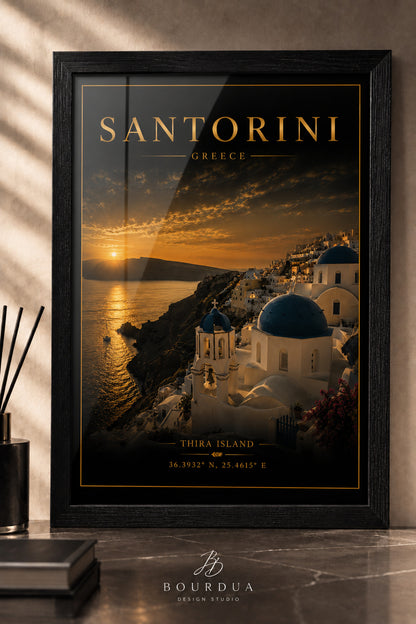 Santorini A3+ Çerçeveli Duvar Tablosu | Yunanistan Manzara Tablosu | Siyah Gold Modern Duvar Dekoru – Antik Ceviz – ürün görseli 1