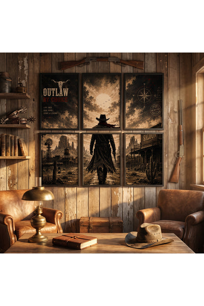 Western Kovboy 6’lı A3+ Duvar Tablosu Seti | Doğal Ahşap Çerçeveli Vintage Wild West Duvar Dekoru – Natural – ürün görseli 3