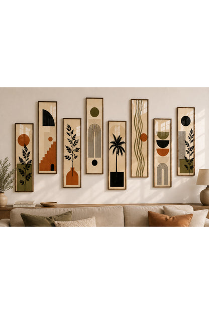 8 Parçalı Modern Bohem Duvar Tablo Seti | 19,5 x 51 cm – Antik Ceviz – ürün görseli 1