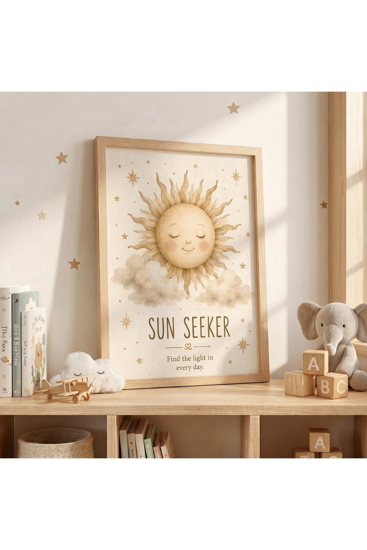 Sun Seeker | Güneş Temalı Çocuk Odası Tablosu | Doğal Ahşap Çerçeveli Duvar Sanatı – Antik Ceviz – ürün görseli 1
