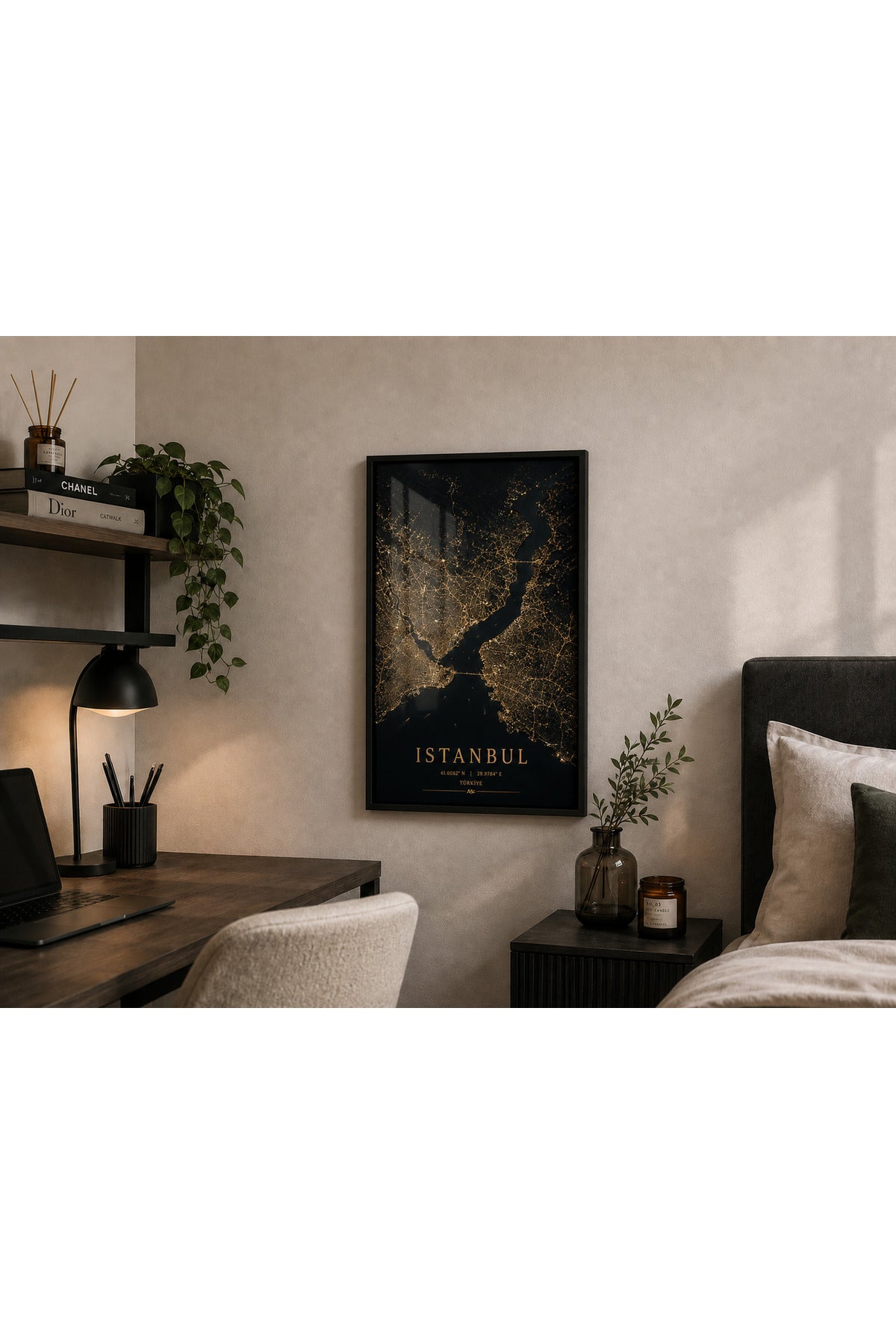 İstanbul Golden Map A3+ Çerçeveli Duvar Tablosu | Boğaz Şehir Haritası | Siyah Doğal Ahşap Çerçeve – Natural – ürün görseli 3