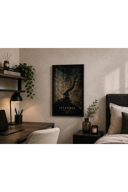 İstanbul Golden Map A3+ Çerçeveli Duvar Tablosu | Boğaz Şehir Haritası | Siyah Doğal Ahşap Çerçeve – Natural – ürün görseli 3