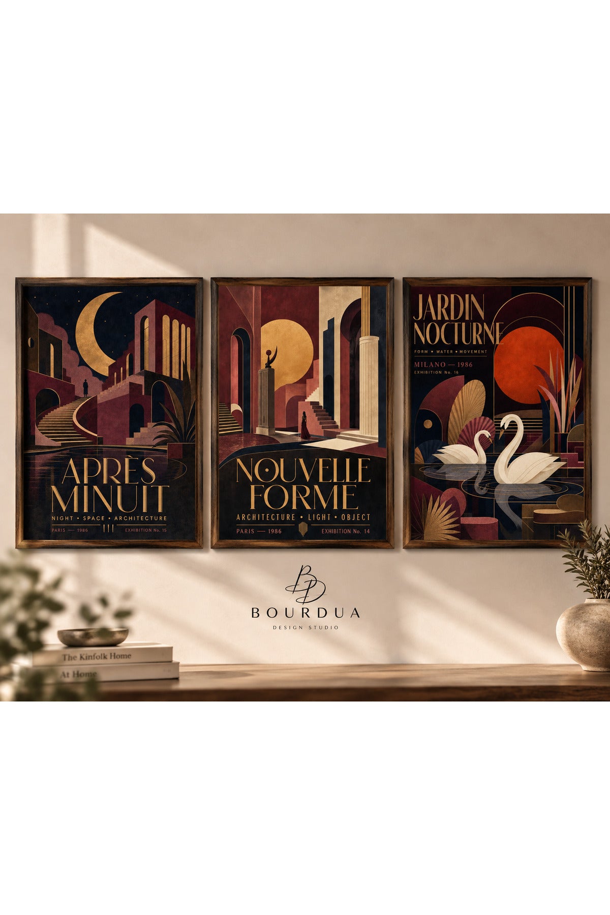 Art Deco 3’lü Çerçeveli Duvar Tablosu Seti | Retro Geometrik Poster Sanatı | Salon ve Ofis Dekoru