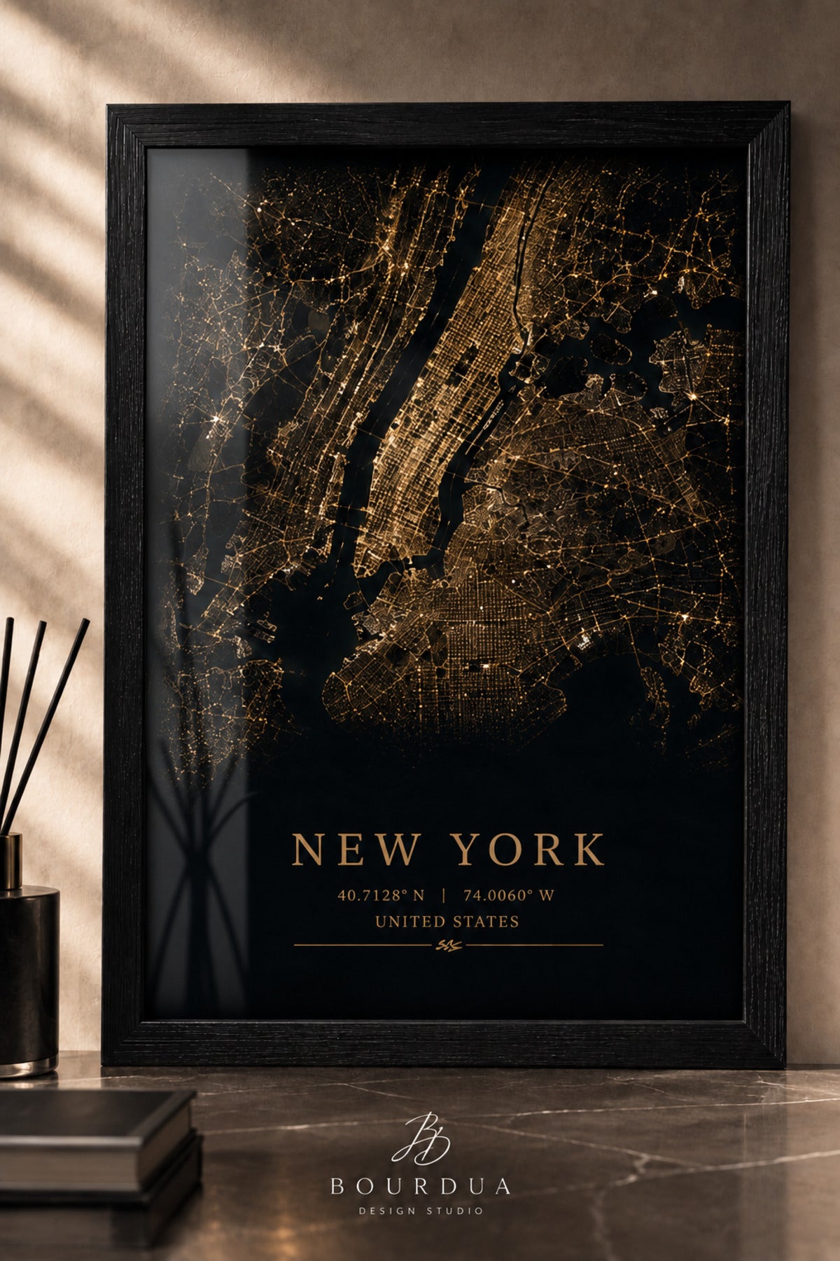New York A3+ Çerçeveli Duvar Tablosu | New York Şehir Haritası | Siyah Gold Modern Duvar Dekoru – Antik Ceviz – ürün görseli 1