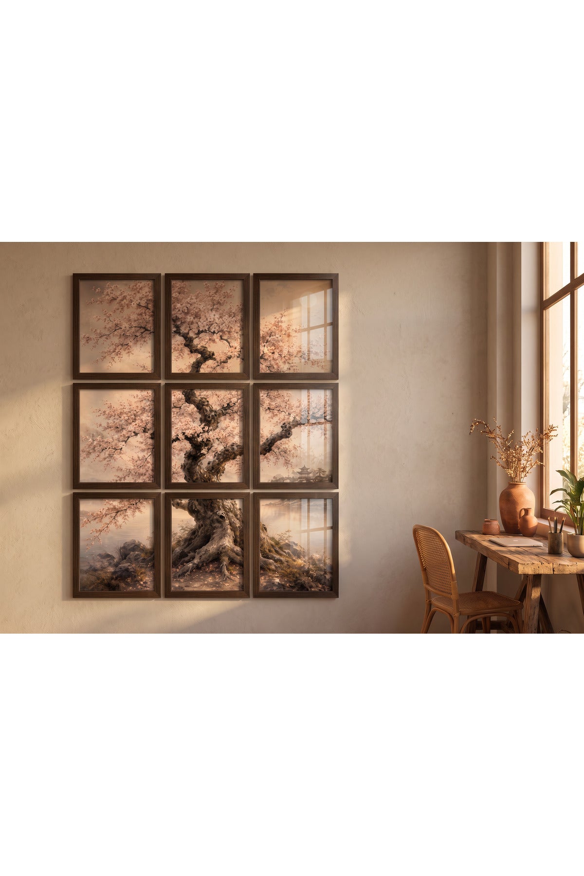 Sakura 9 Parçalı A3+ Duvar Tablo Seti | Japon Sanatı – Natural – ürün görseli 3