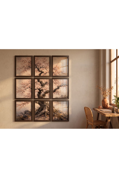 Sakura 9 Parçalı A3+ Duvar Tablo Seti | Japon Sanatı – Natural – ürün görseli 3