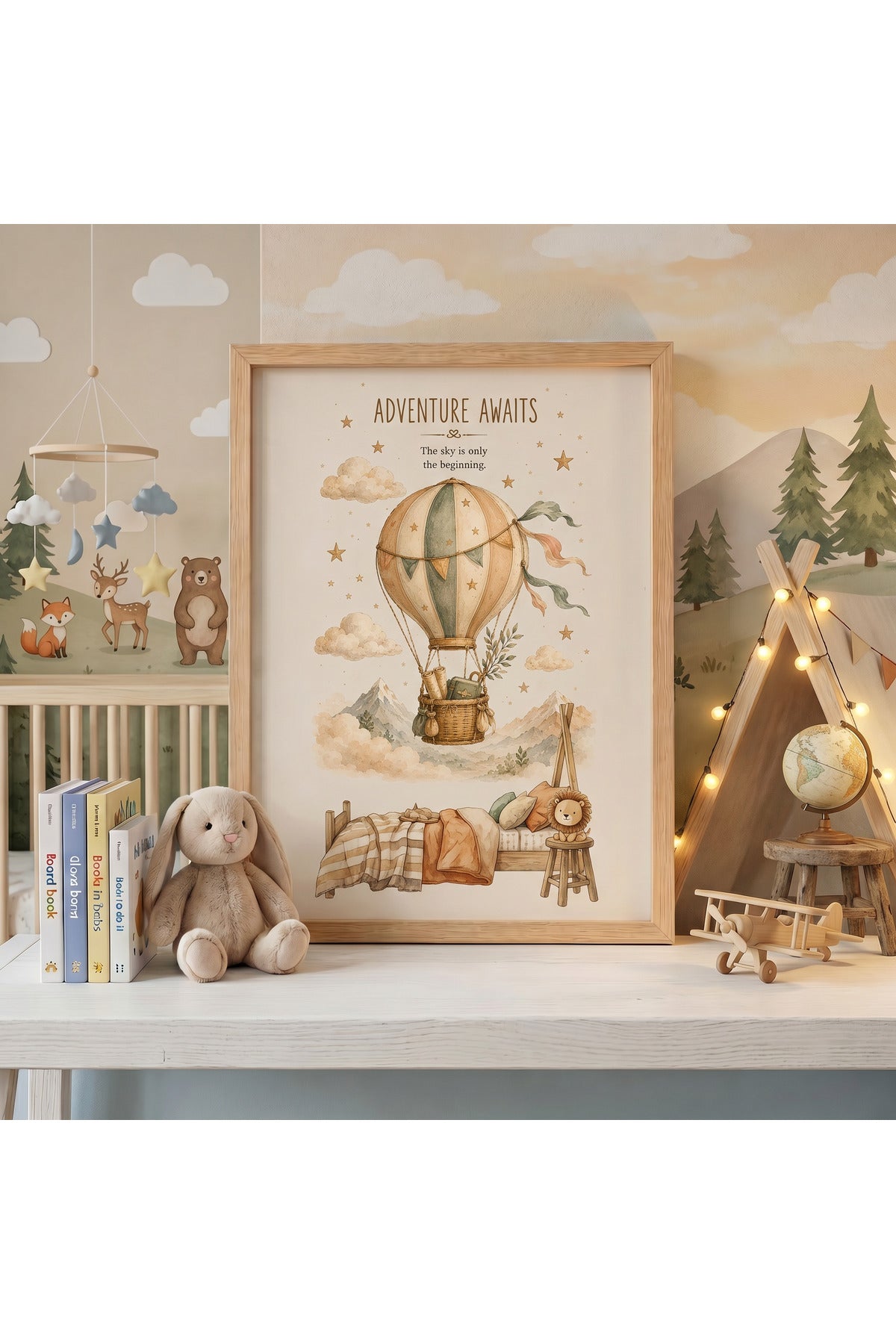 Adventure Awaits | Sıcak Hava Balonu Çocuk Odası Tablosu | Doğal Ahşap Çerçeveli Duvar Sanatı – Antik Ceviz – ürün görseli 1