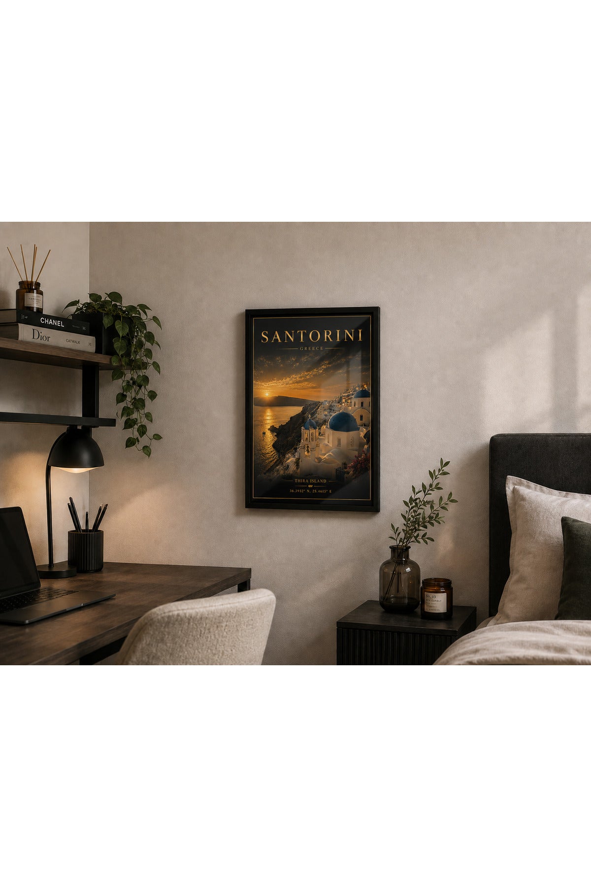 Santorini A3+ Çerçeveli Duvar Tablosu | Yunanistan Manzara Tablosu | Siyah Gold Modern Duvar Dekoru – Natural – ürün görseli 3