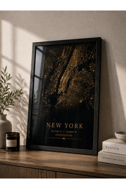 New York A3+ Çerçeveli Duvar Tablosu | New York Şehir Haritası | Siyah Gold Modern Duvar Dekoru – Siyah – ürün görseli 2
