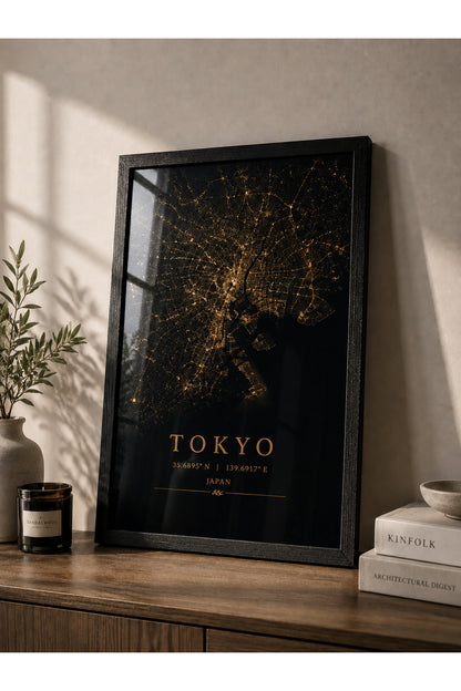 Tokyo Haritası A3+ Çerçeveli Duvar Tablosu | Siyah Gold Japonya Şehir Haritası | Modern Duvar Dekoru – Siyah – ürün görseli 2