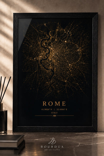Rome A3+ Çerçeveli Duvar Tablosu | Roma Şehir Haritası | Siyah Gold Modern Duvar Dekoru – Antik Ceviz – ürün görseli 1