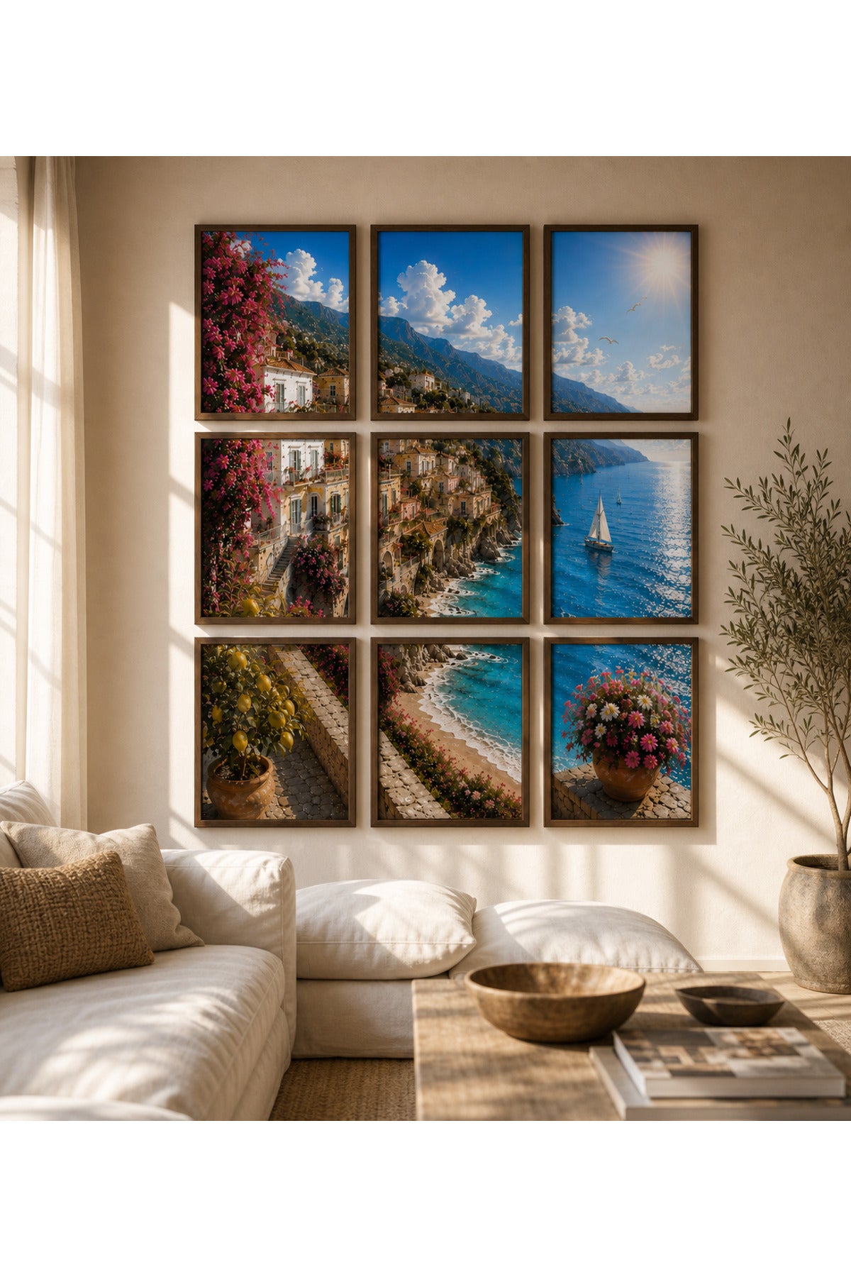 Amalfi Sahili 9 Parçalı A3+ Duvar Tablo Seti | Akdeniz Manzara Tablosu – Natural – ürün görseli 3