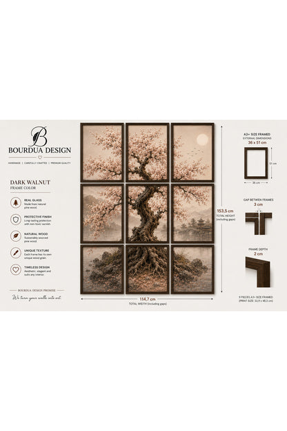 Sakura 9 Parçalı A3+ Duvar Tablo Seti | Japon Sanatı – Siyah – ürün görseli 2