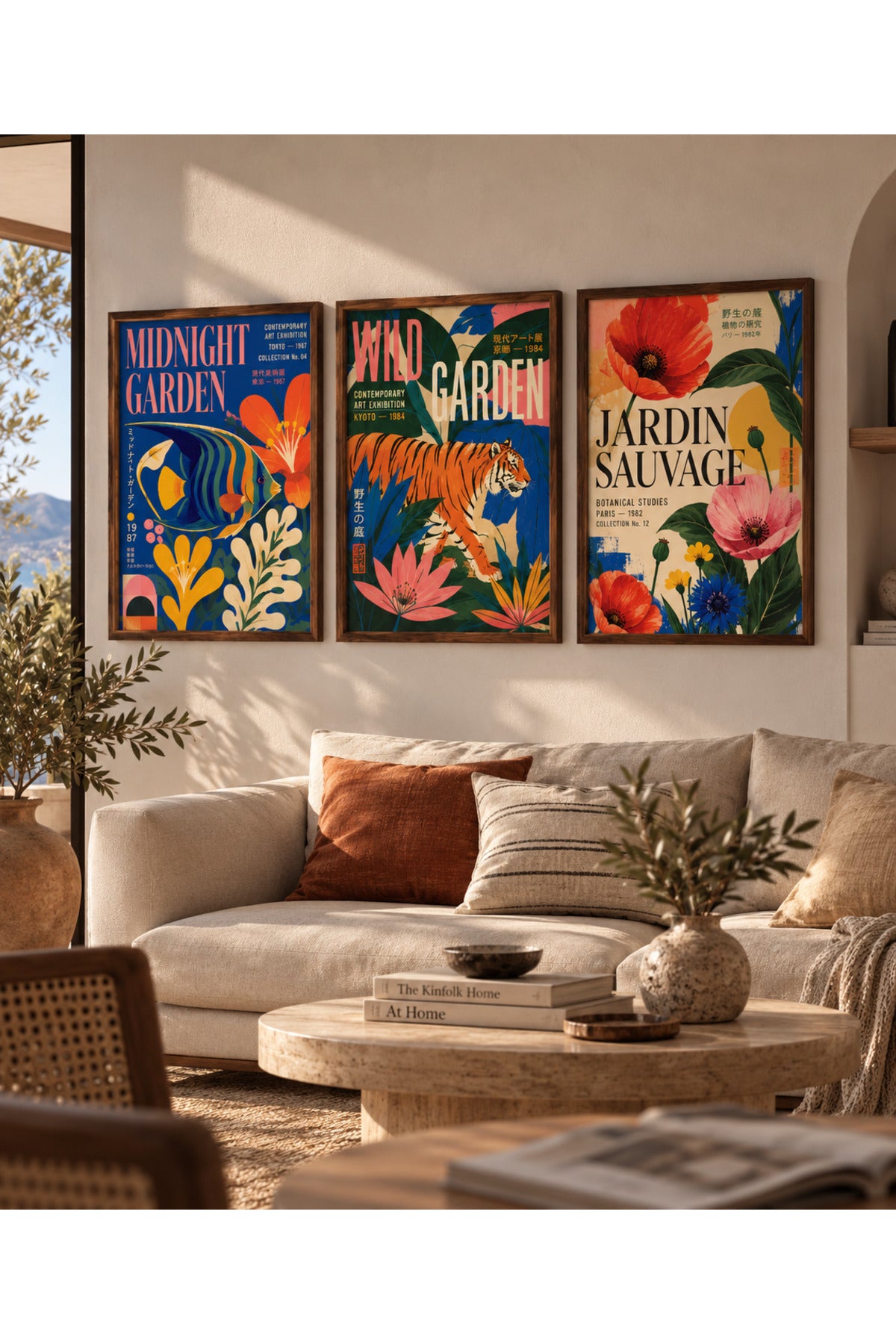 Wild Garden 3’lü Çerçeveli Duvar Tablosu Seti | Kaplan Balık ve Botanik Çiçek Posterleri | Renkli Retro Salon Dekoru