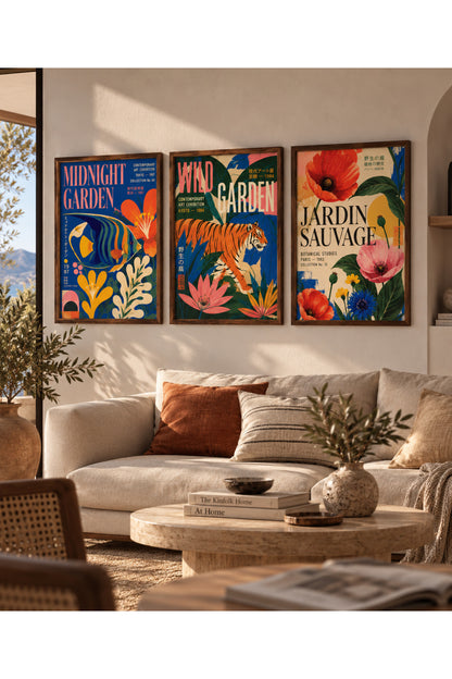Wild Garden 3’lü Çerçeveli Duvar Tablosu Seti | Kaplan Balık ve Botanik Çiçek Posterleri | Renkli Retro Salon Dekoru