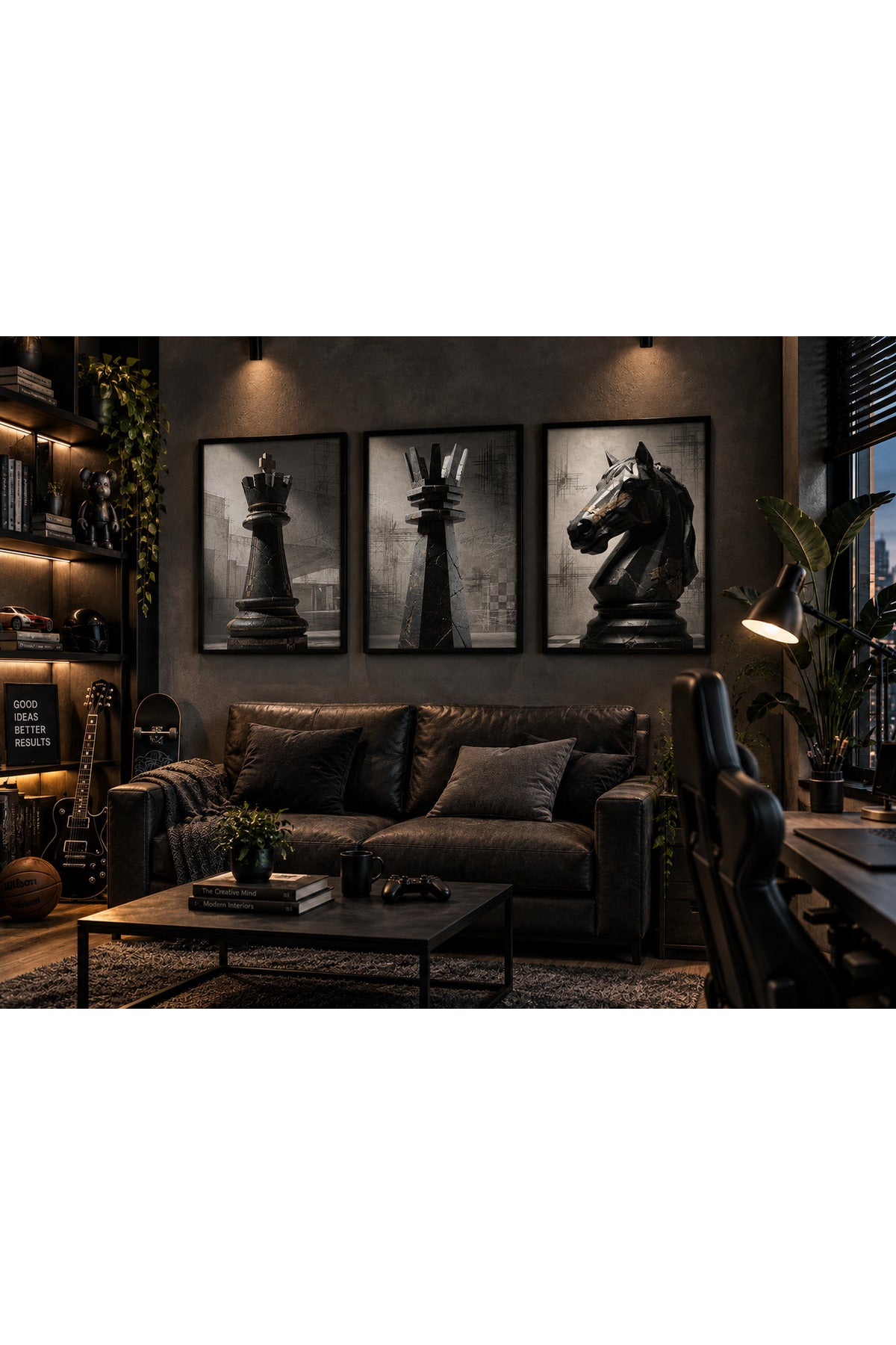 Satranç Şah Kale At 3’lü Çerçeveli Duvar Tablosu Seti | Siyah Gold Modern Satranç Tablosu | Ofis Genç Odası Dekoru