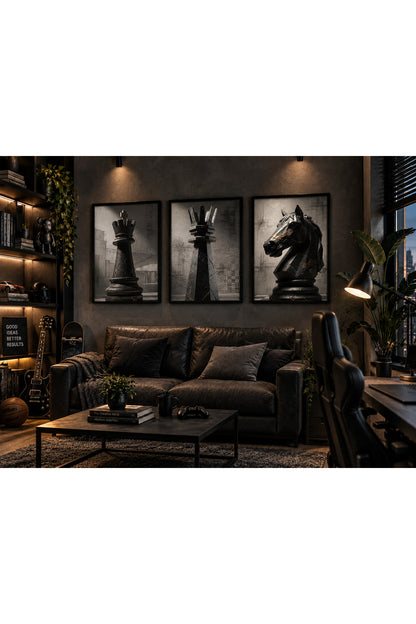 Satranç Şah Kale At 3’lü Çerçeveli Duvar Tablosu Seti | Siyah Gold Modern Satranç Tablosu | Ofis Genç Odası Dekoru