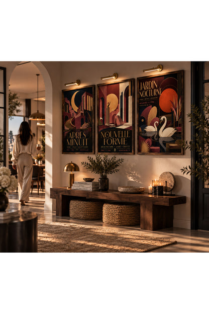 Art Deco 3’lü Çerçeveli Duvar Tablosu Seti | Retro Geometrik Poster Sanatı | Salon ve Ofis Dekoru