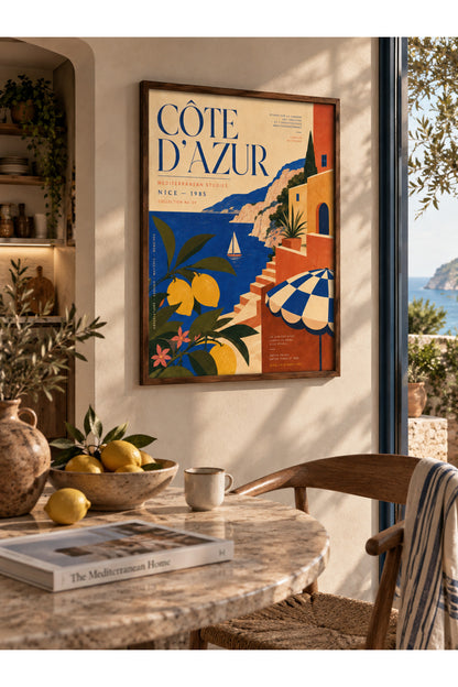Côte d’Azur Akdeniz Duvar Tablosu | Vintage Riviera Poster | Limonlu Yazlık Salon Dekoru | Çerçeveli Tablo
