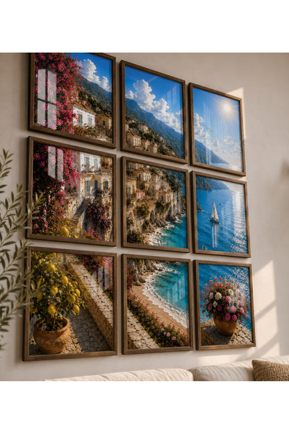 Amalfi Sahili 9 Parçalı A3+ Duvar Tablo Seti | Akdeniz Manzara Tablosu – Antik Ceviz – ürün görseli 1