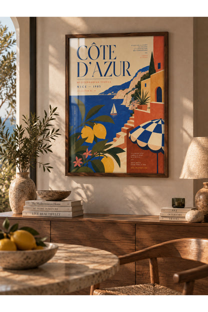 Côte d’Azur Akdeniz Duvar Tablosu | Vintage Riviera Poster | Limonlu Yazlık Salon Dekoru | Çerçeveli Tablo