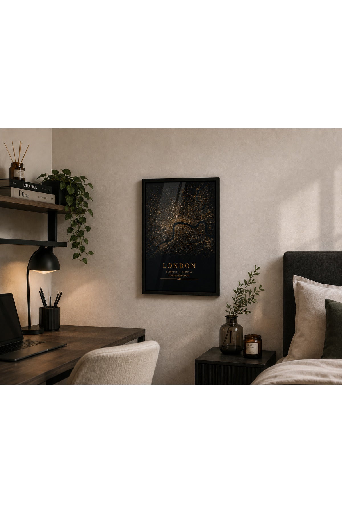 London A3+ Çerçeveli Duvar Tablosu | Londra Şehir Haritası | Siyah Gold Modern Duvar Dekoru – Natural – ürün görseli 3